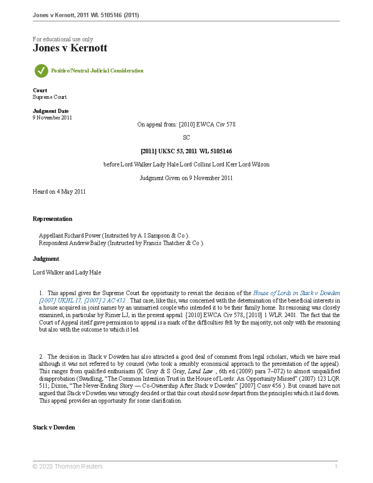 Jones v Kernott Law Notes For educational use only Jones v Kernott