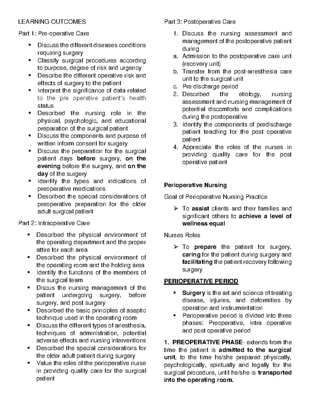 Perioperative-Nursing - LEARNING OUTCOMES Part 1: Pre-operative Care ...