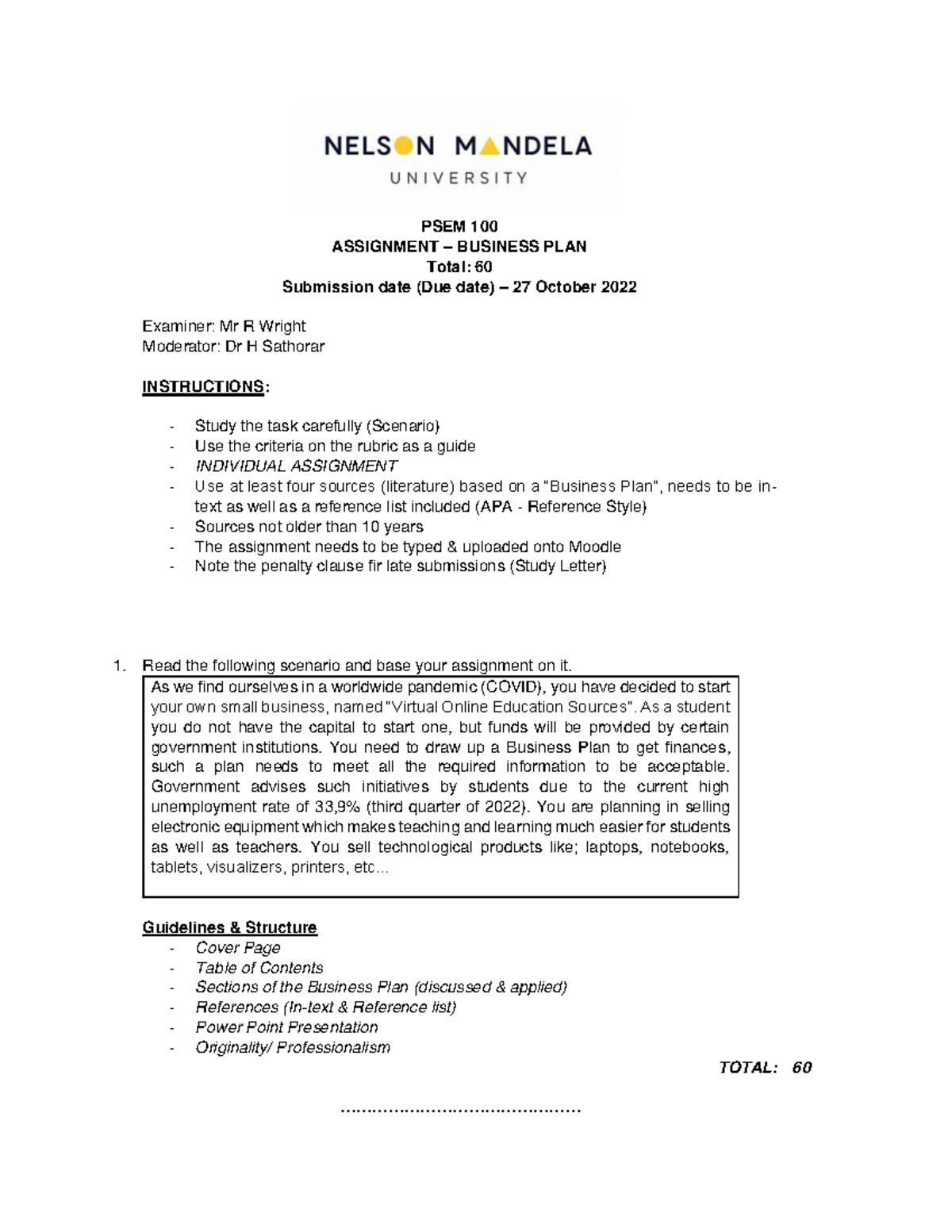 PSEM 100 - Assignment 2 (2022) - PSEM 100 ASSIGNMENT – BUSINESS PLAN ...