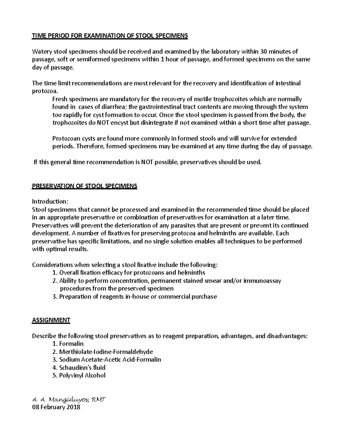 PARA 01 - Notes - TIME PERIOD FOR EXAMINATION OF STOOL SPECIMENS Watery ...