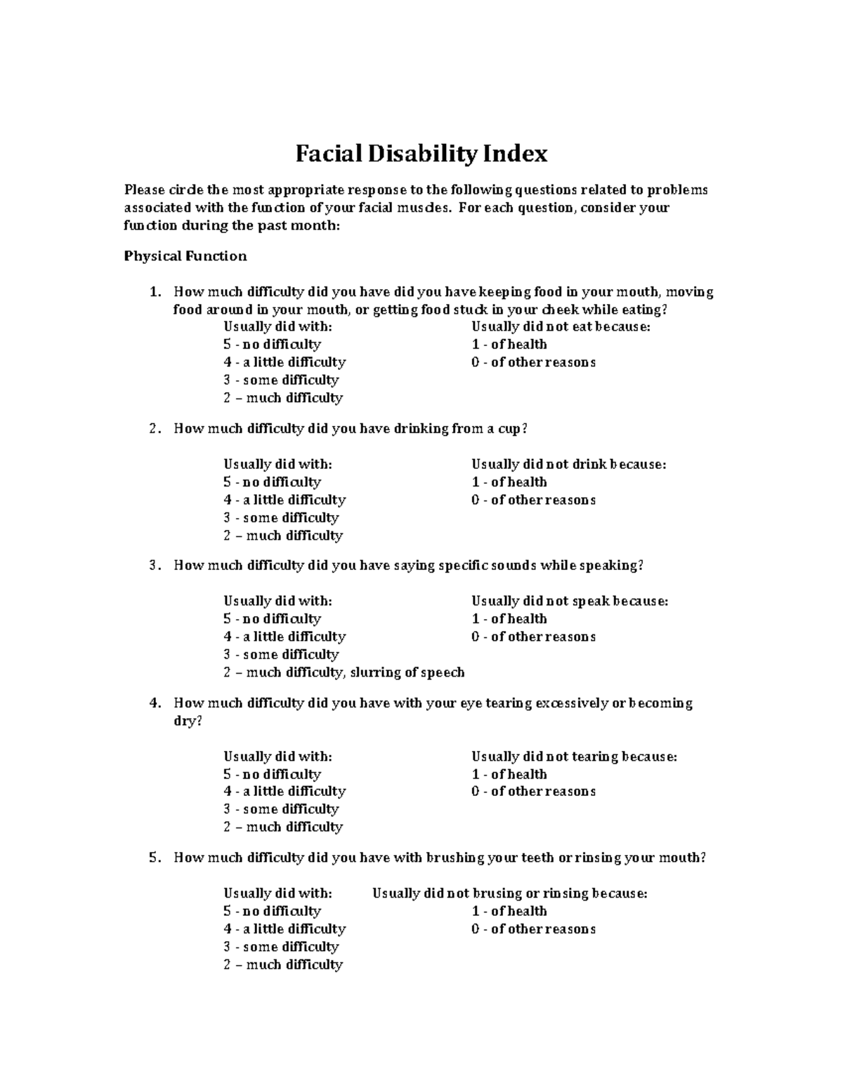Facial disability index Facial Disability Index Please circle the