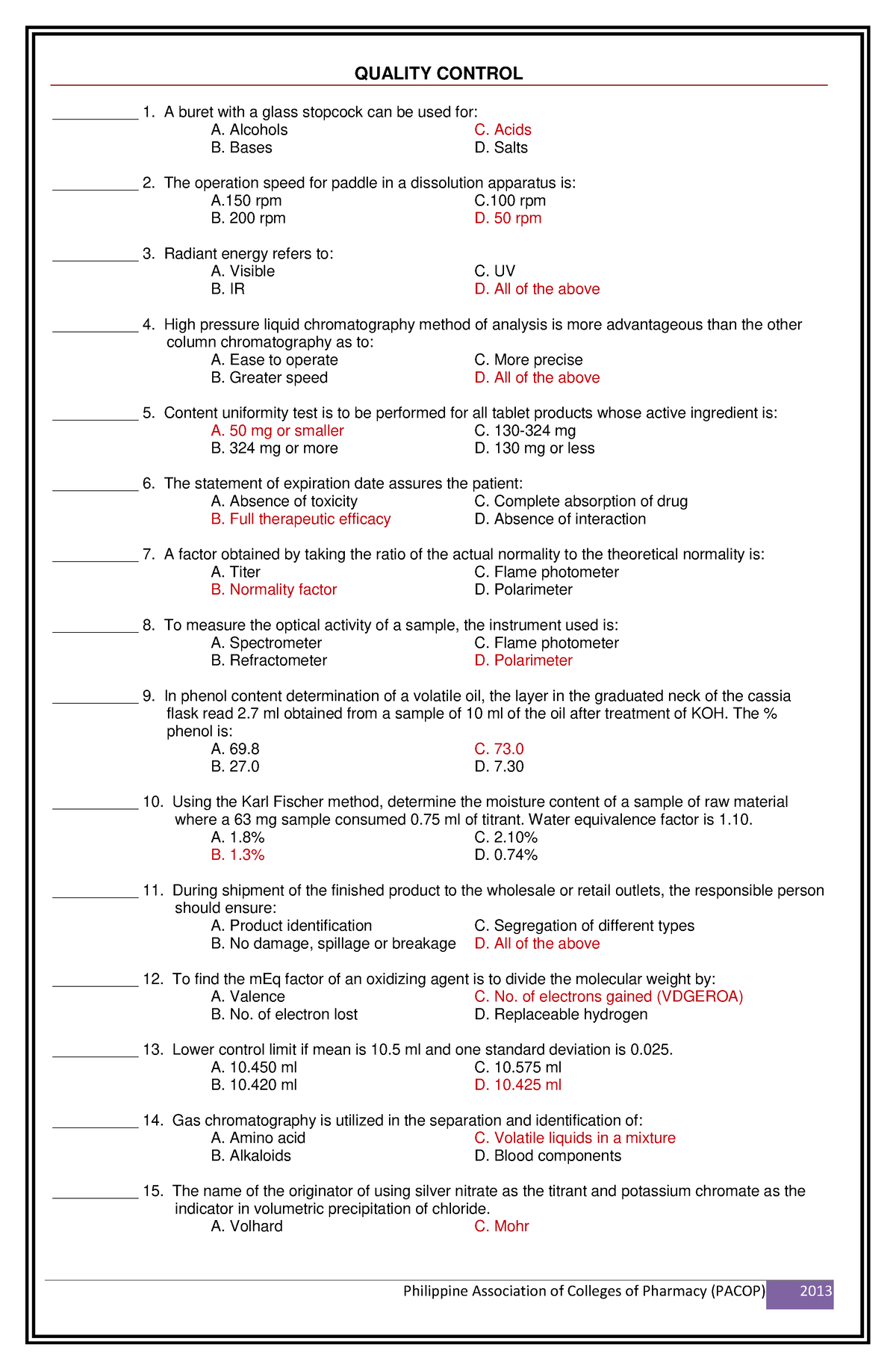 Quality Control Answer Key - __________ 1. A buret with a glass ...