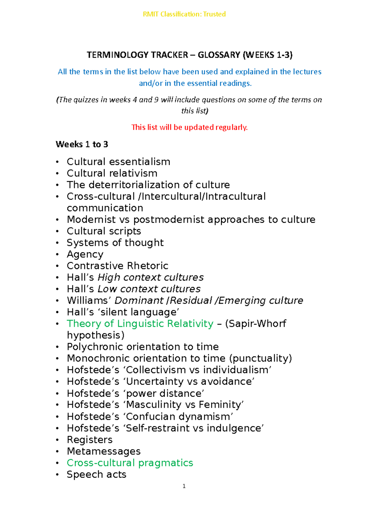 Terminology Tracker Weeks 13 TERMINOLOGY TRACKER GLOSSARY (WEEKS