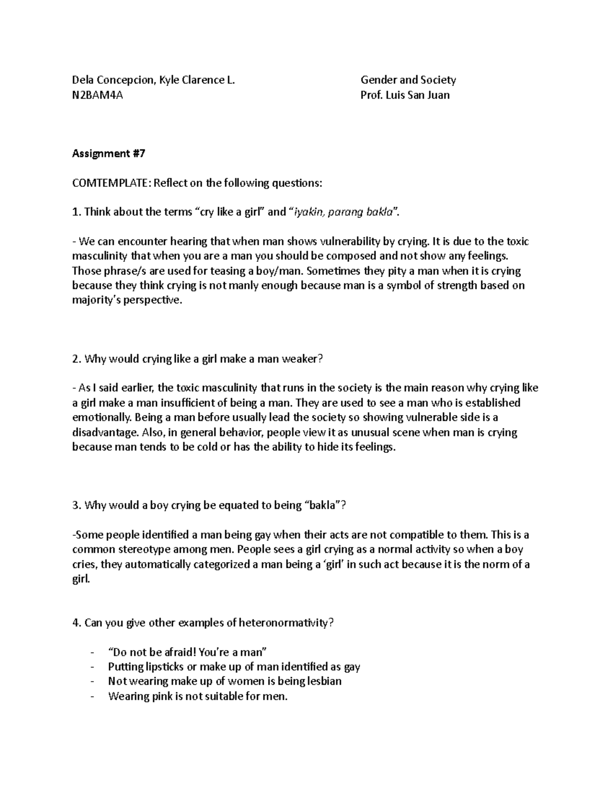 Dela Concepcion Kyle Clarence L - Gender and Society N2BAM4A Prof. Luis ...