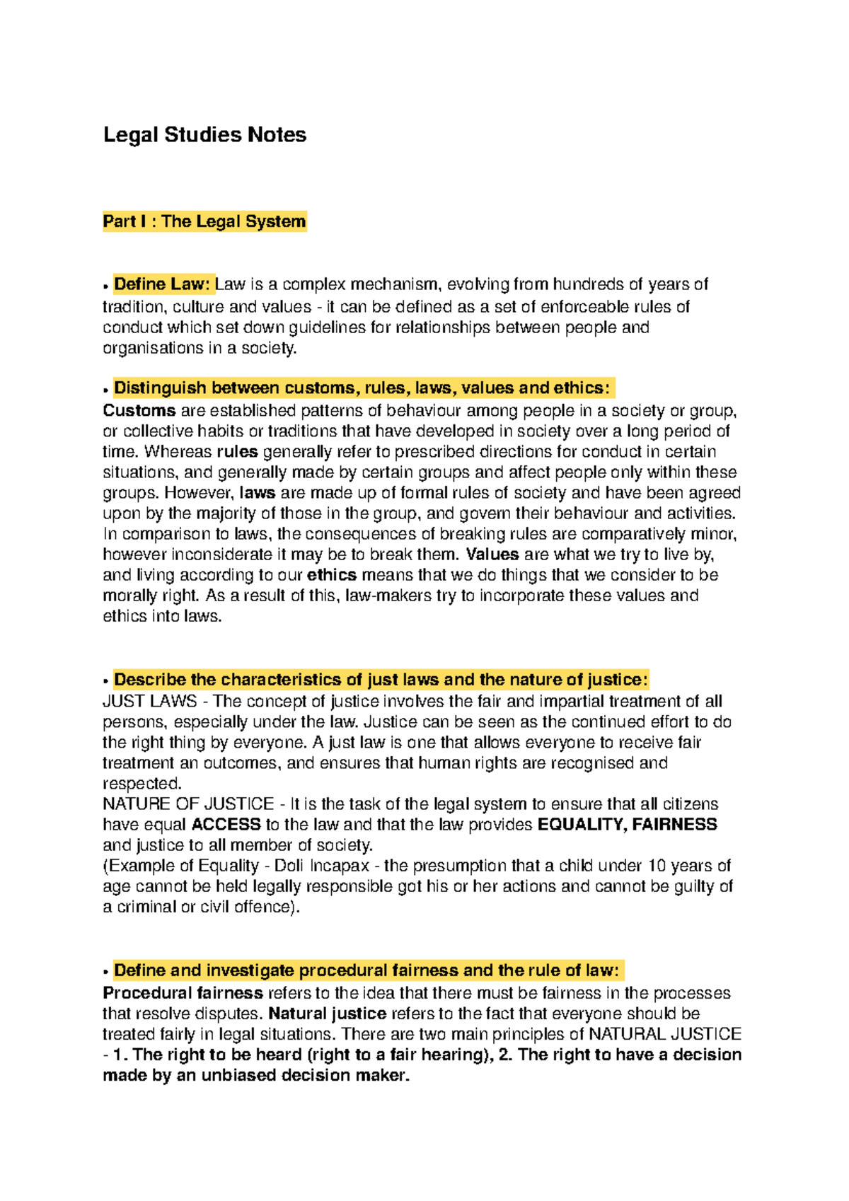 Legal Studies Notes - Legal Studies Notes Part I : The Legal System ...