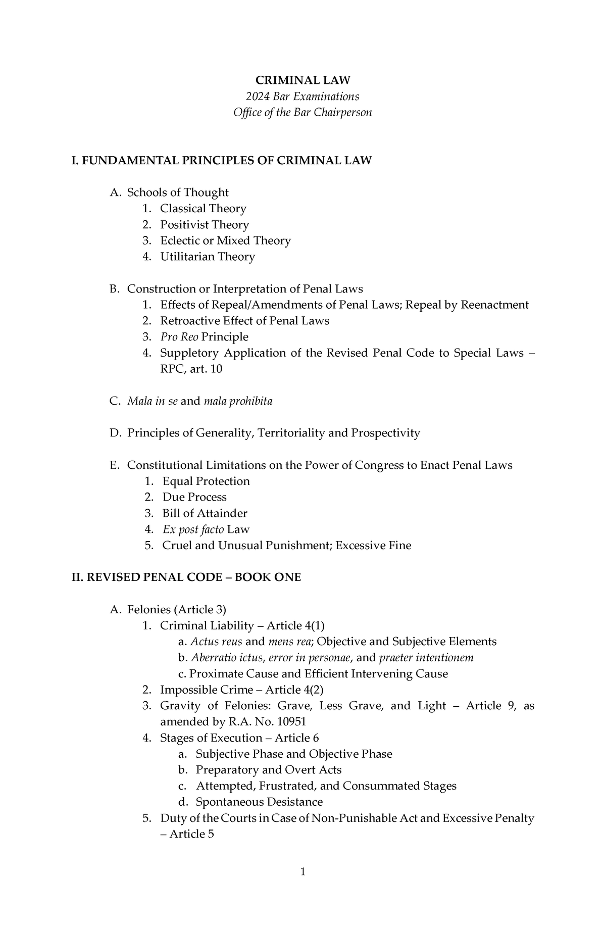 2024 Bar Syllabus Criminal Law CRIMINAL LAW 2024 Bar Examinations