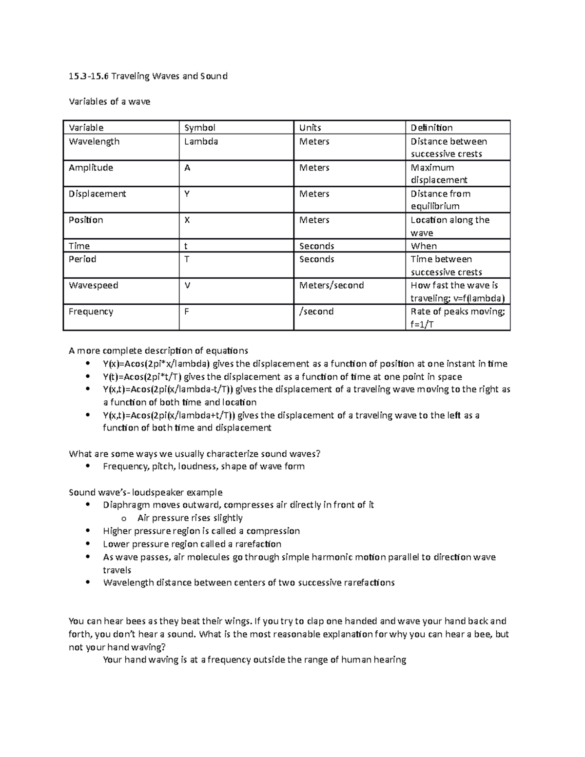 15.3-15.6 Lecture Notes - 15.3-15 Traveling Waves and Sound Variables ...