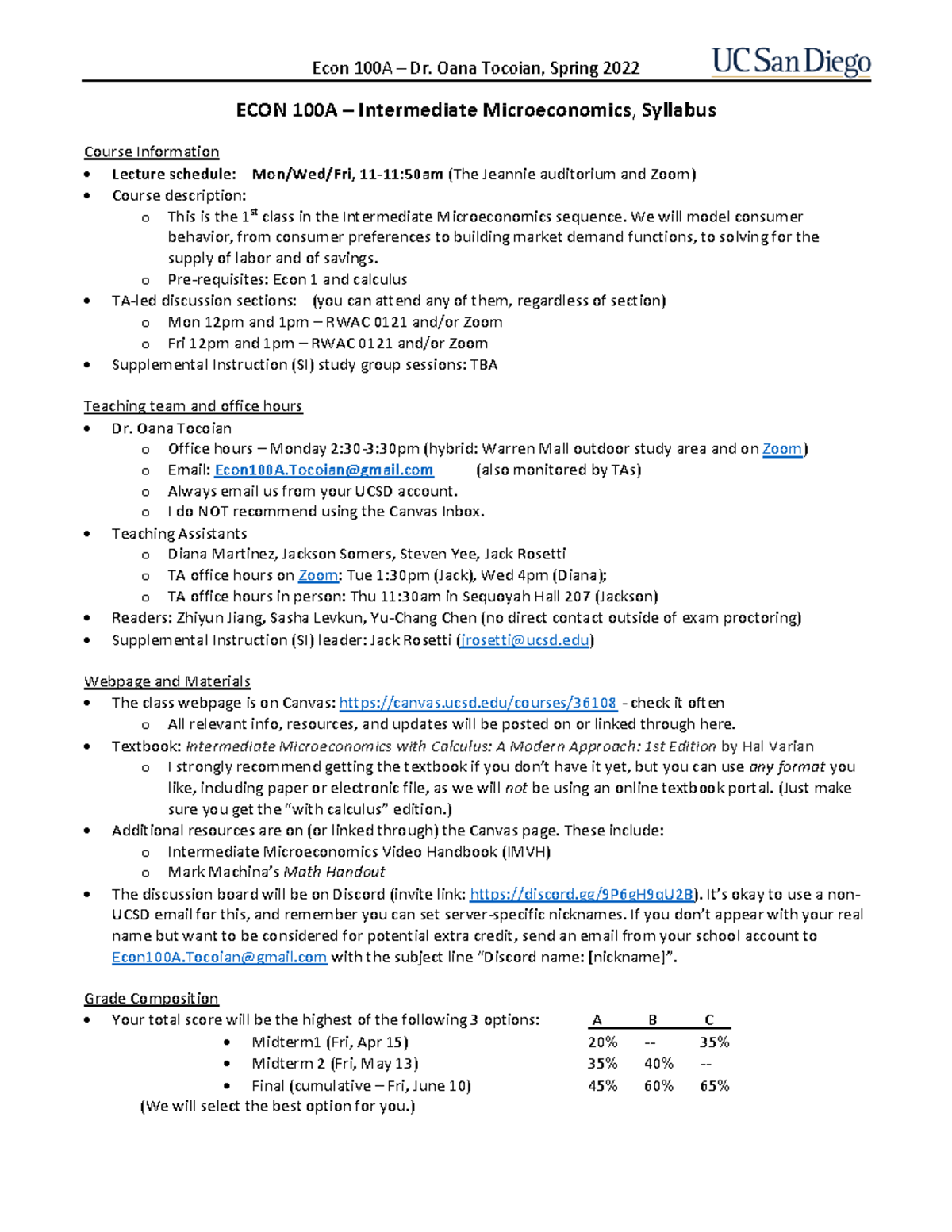 Syllabus Econ100A - nonei - Econ 100A – Dr. Oana Tocoian, Spring 2022 ...