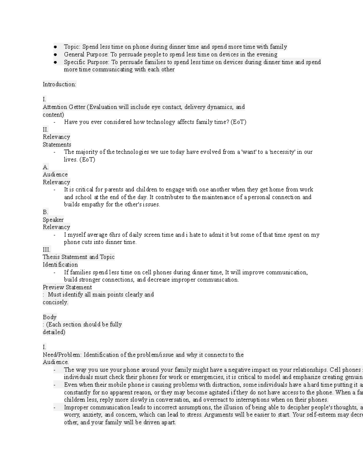 Persuasive speech outline rough draft - Topic: Spend less time on phone ...