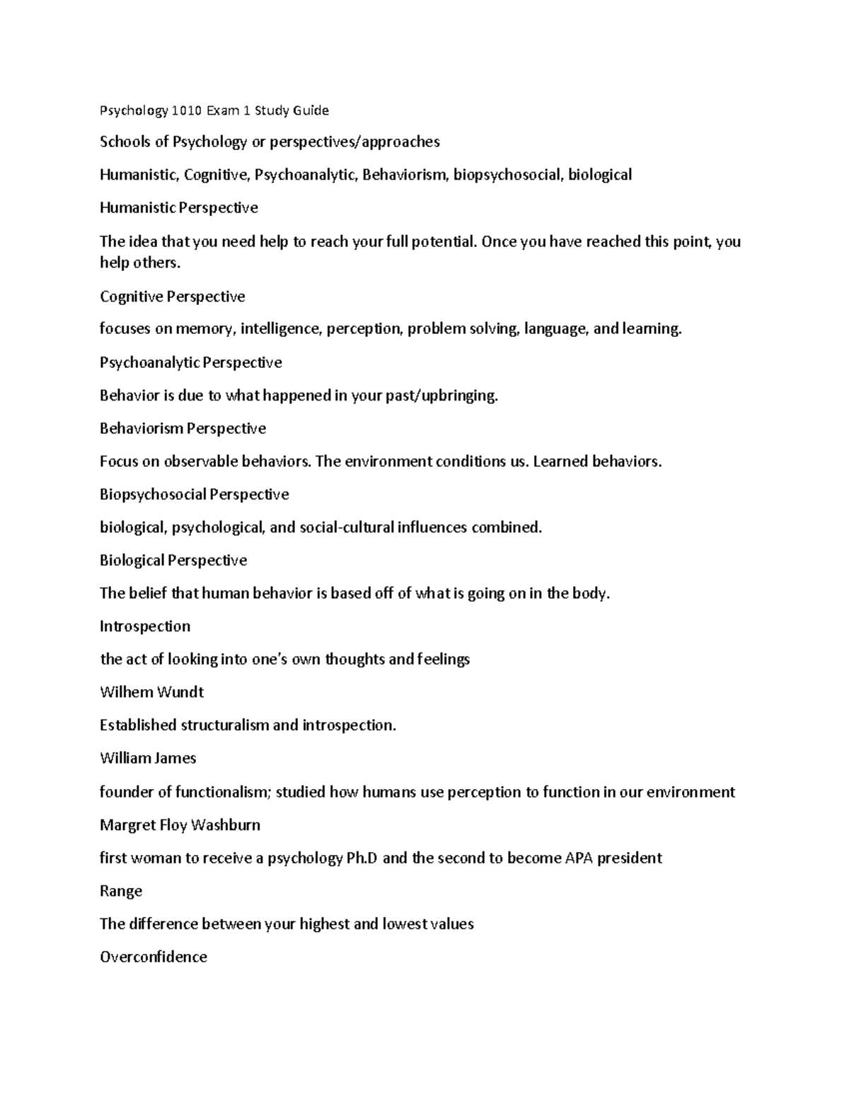 Psychology Exam 1 Study Guide Psychology 1010 Exam 1 Study Guide Schools of Psychology or