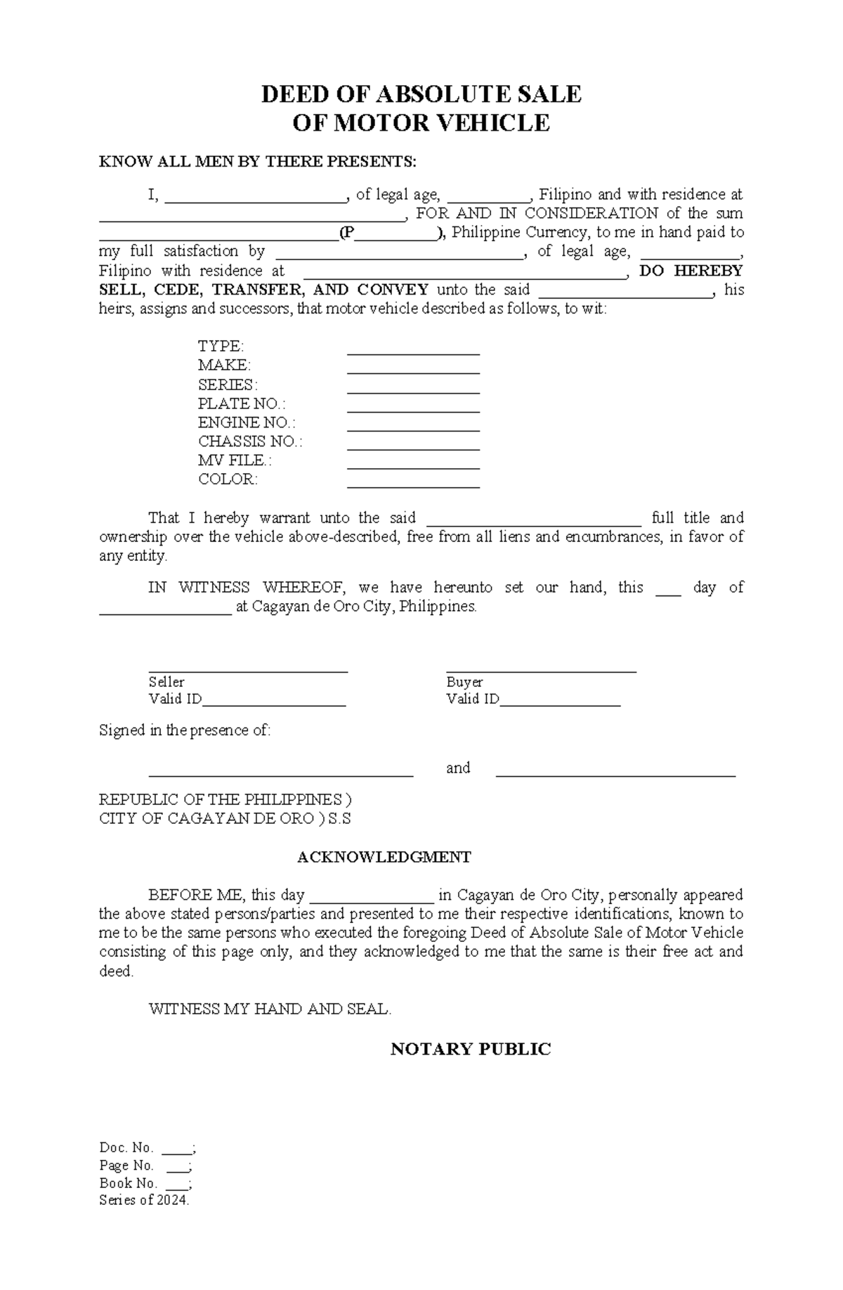 DEED OF Absolute SALE of motor vehicle blank - DEED OF ABSOLUTE SALE OF ...