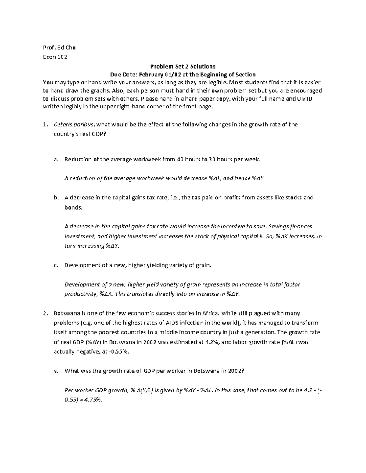 Problem Set 2 Macro Solutions - Prof. Ed Cho Econ 102 Problem Set 2 ...