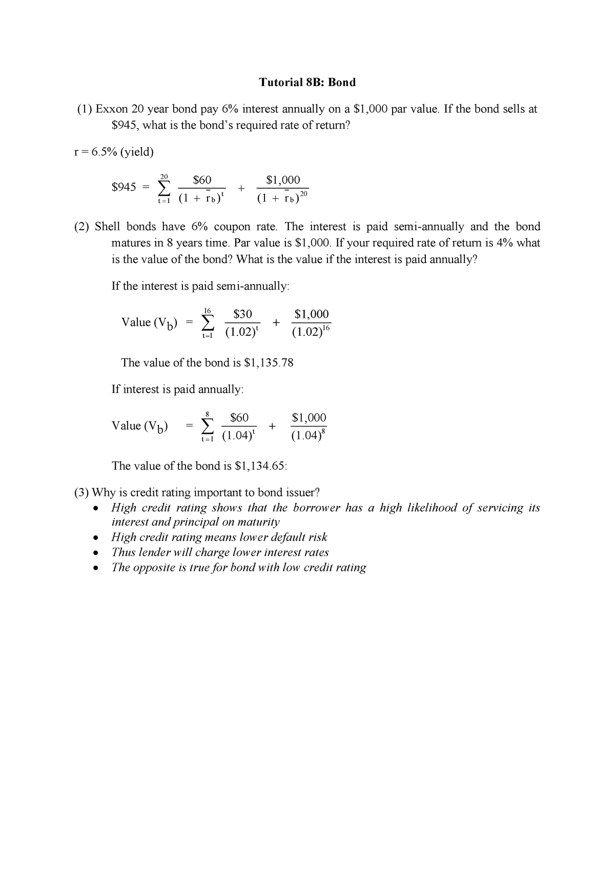 Tutorial-8B-Bond - Bond - Tutorial 8B: Bond (1) Exxon 20 Year Bond Pay ...