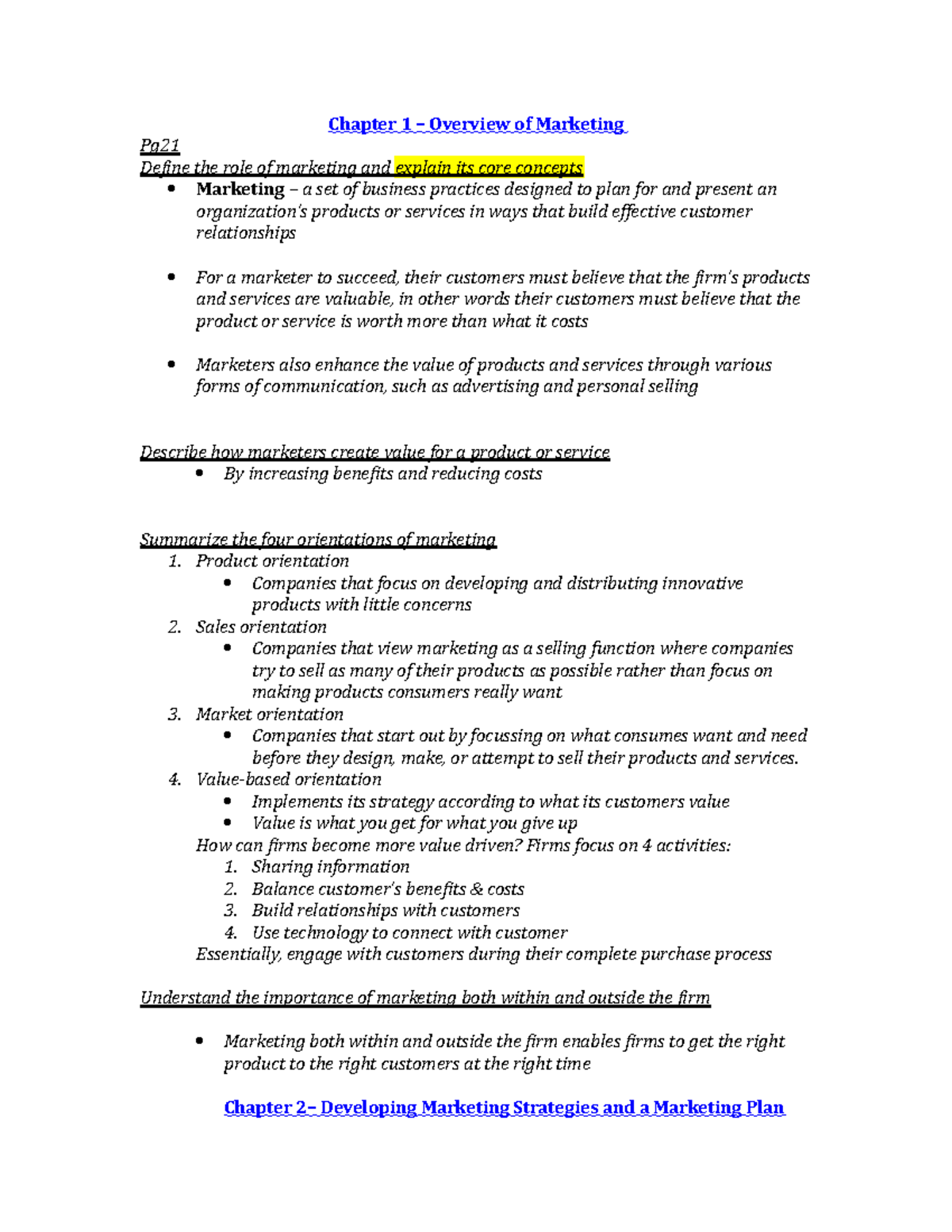 Marketing notes-1 - Testbank for Chapter 1 - Chapter 1 Overview of ...