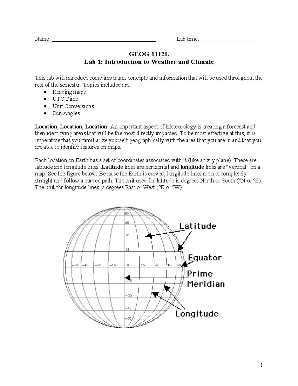 LAB1 Intro To Weather - Name: Lab Time: ___________________ GEOG 1112L ...