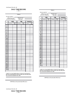 DTR DTRDTR DTRDTRDTR - Civil Service Form No. 48 DAILY TIME RECORD -o0o ...