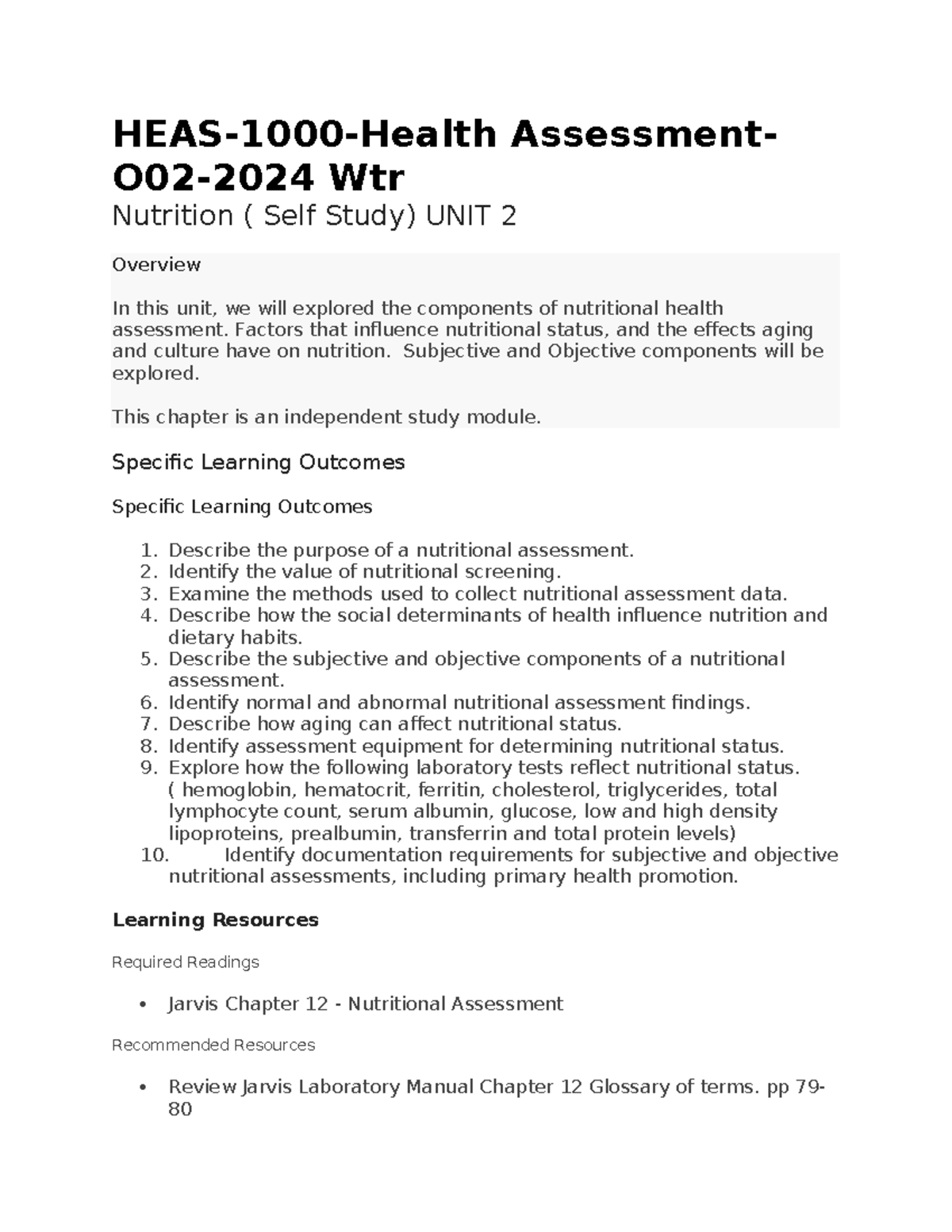 Heas unit 2 self study and quiz - HEAS-1000-Health Assessment- O02-2024 ...