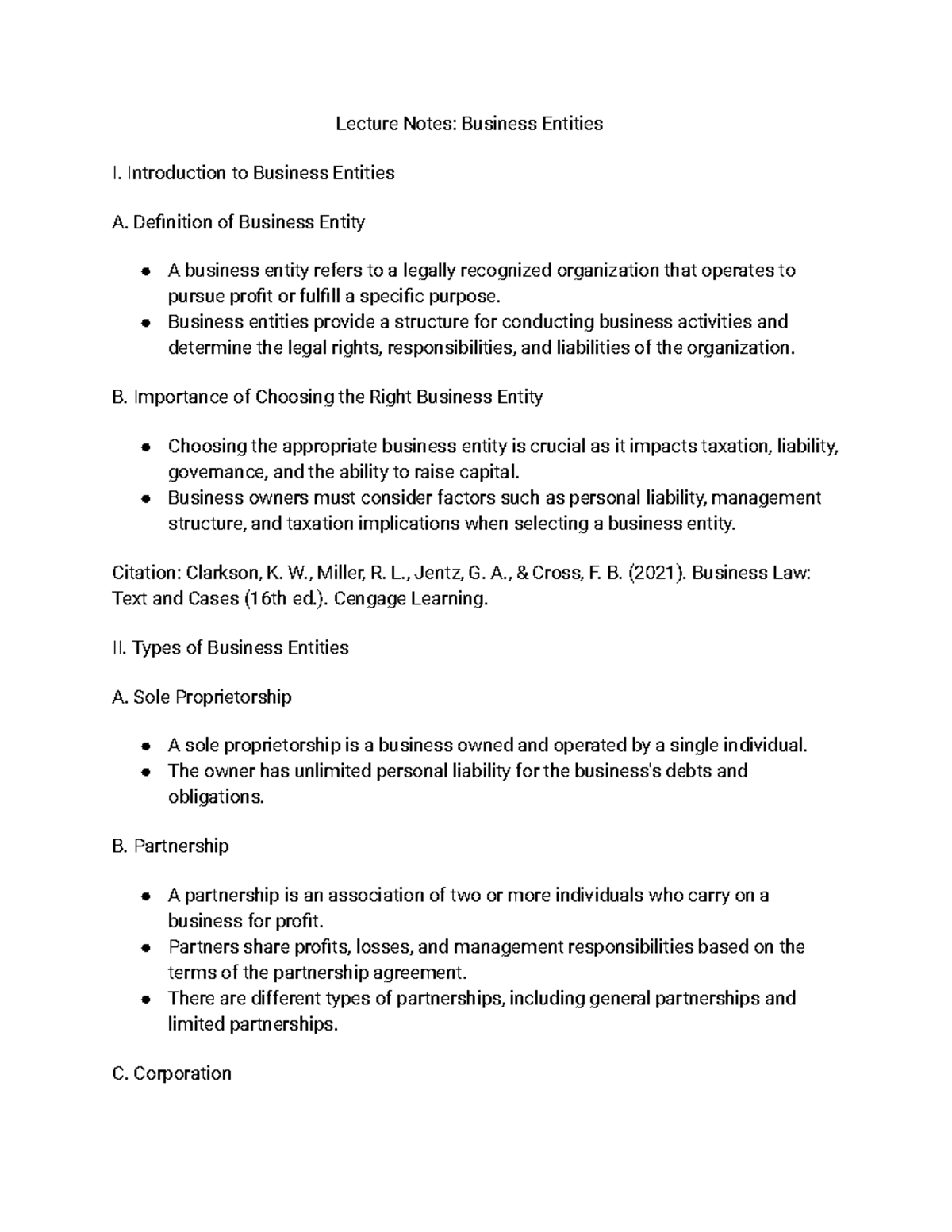 Business Law notes business entities - Lecture Notes: Business Entities ...