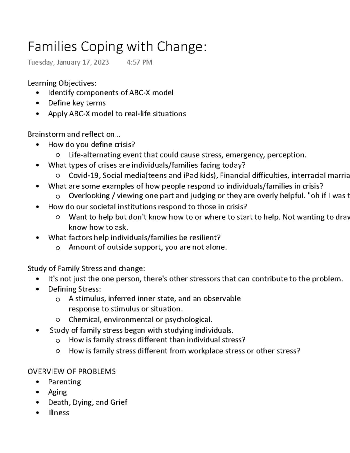 Families Coping with Change - Learning Objectives: Identify components ...