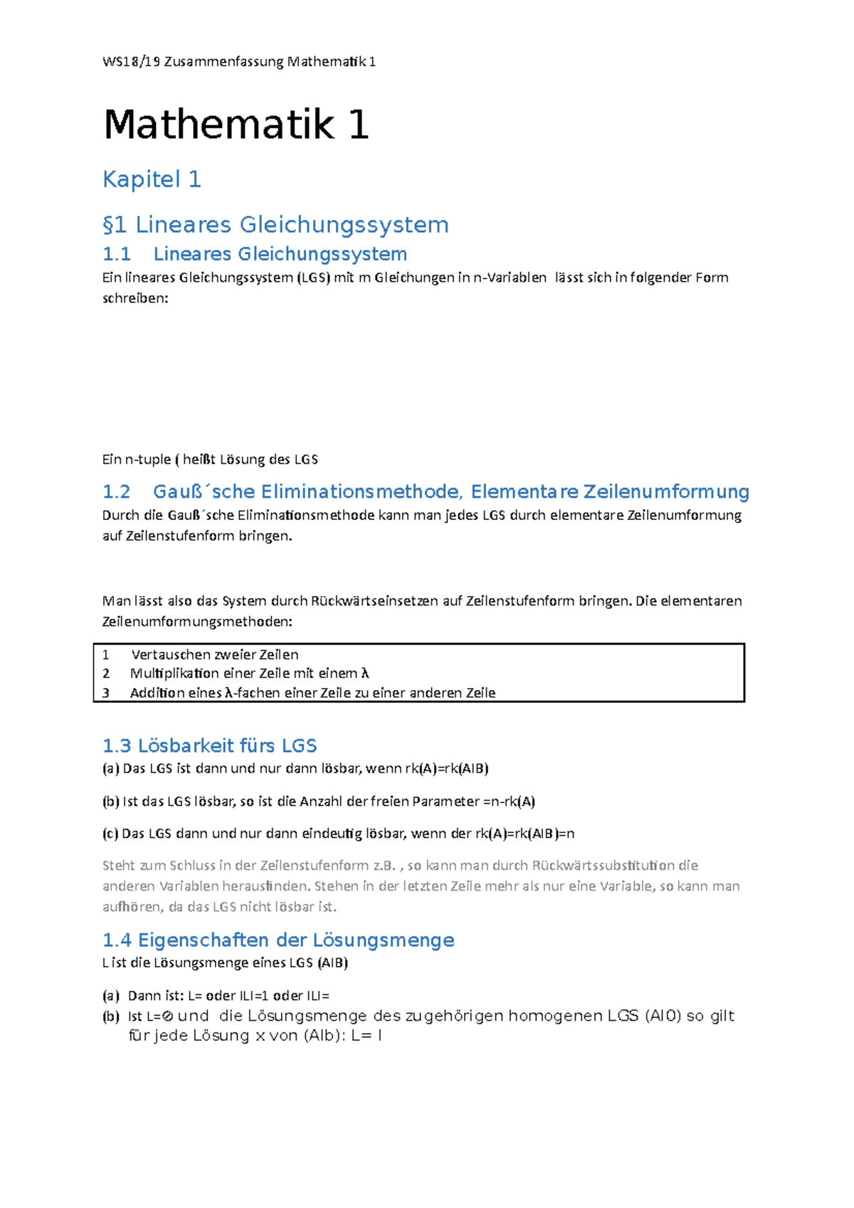 Word Deutsch Zusammenfassung Mathematik 1 - Mathematik 1 Kapitel 1 §1 ...