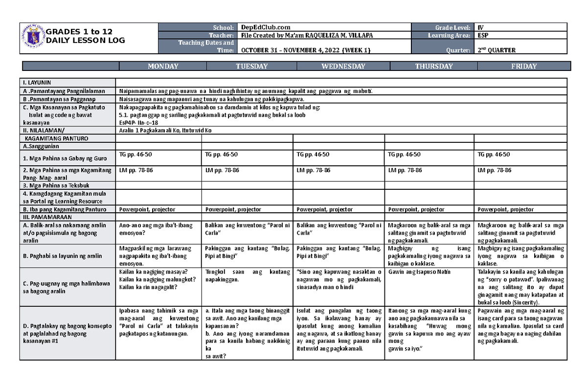 DLL ESP 4 Q2 W1 - general education - GRADES 1 to 12 DAILY LESSON LOG ...