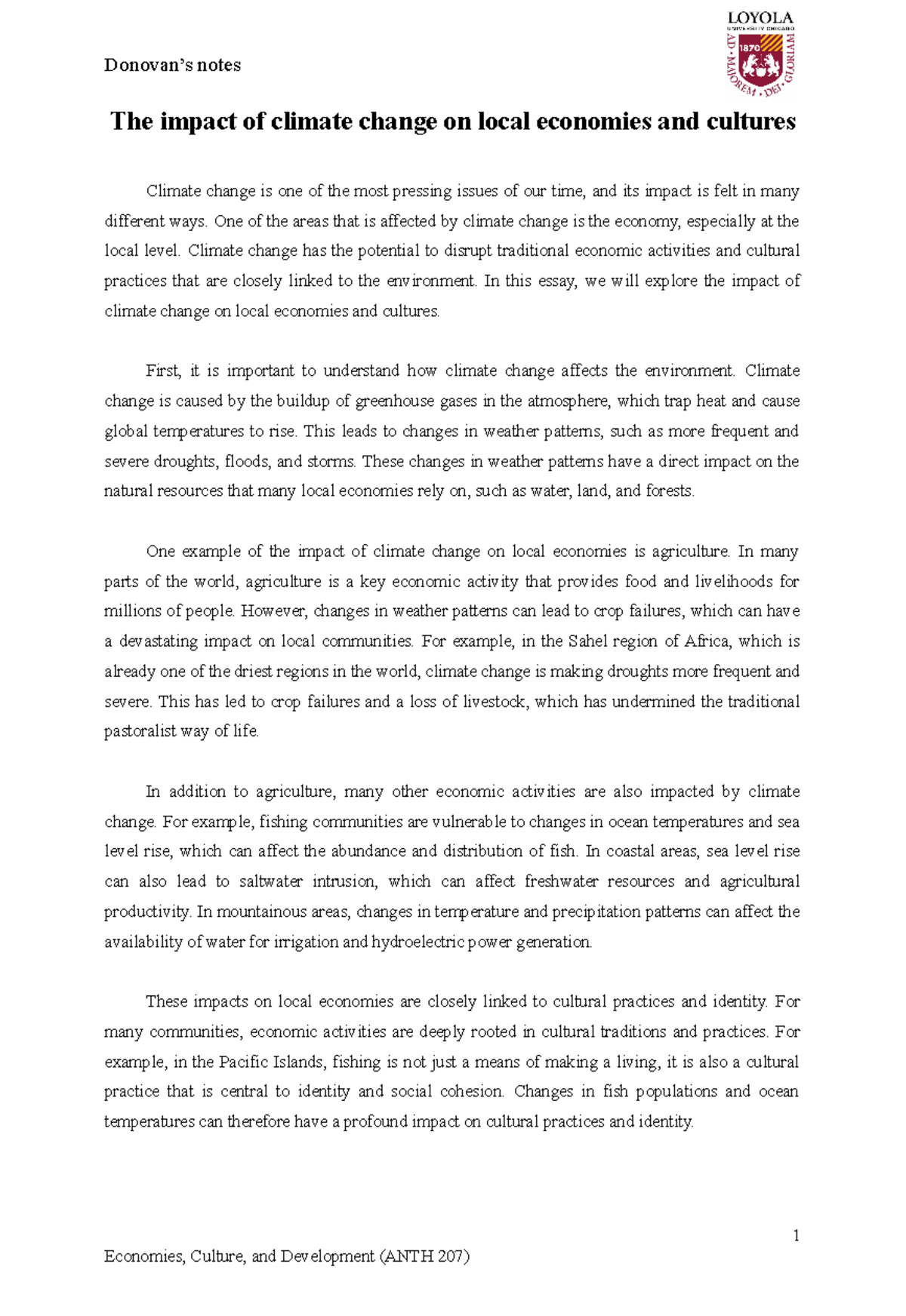 The impact of climate change on local economies and cultures - One of ...