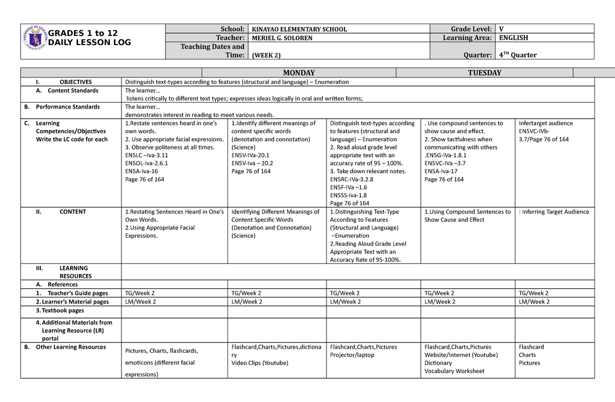 Grade 5 DLL English 5 Q4 Week 2 - GRADES 1 To 12 DAILY LESSON LOG ...