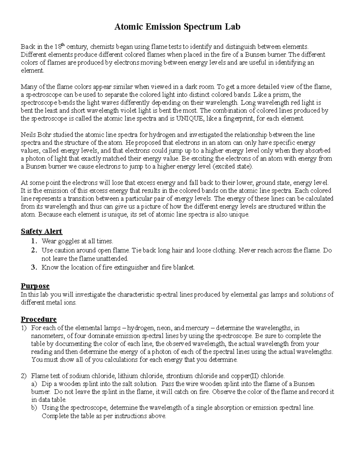 Atomic Emission Spectrum Lab Different elements produce different