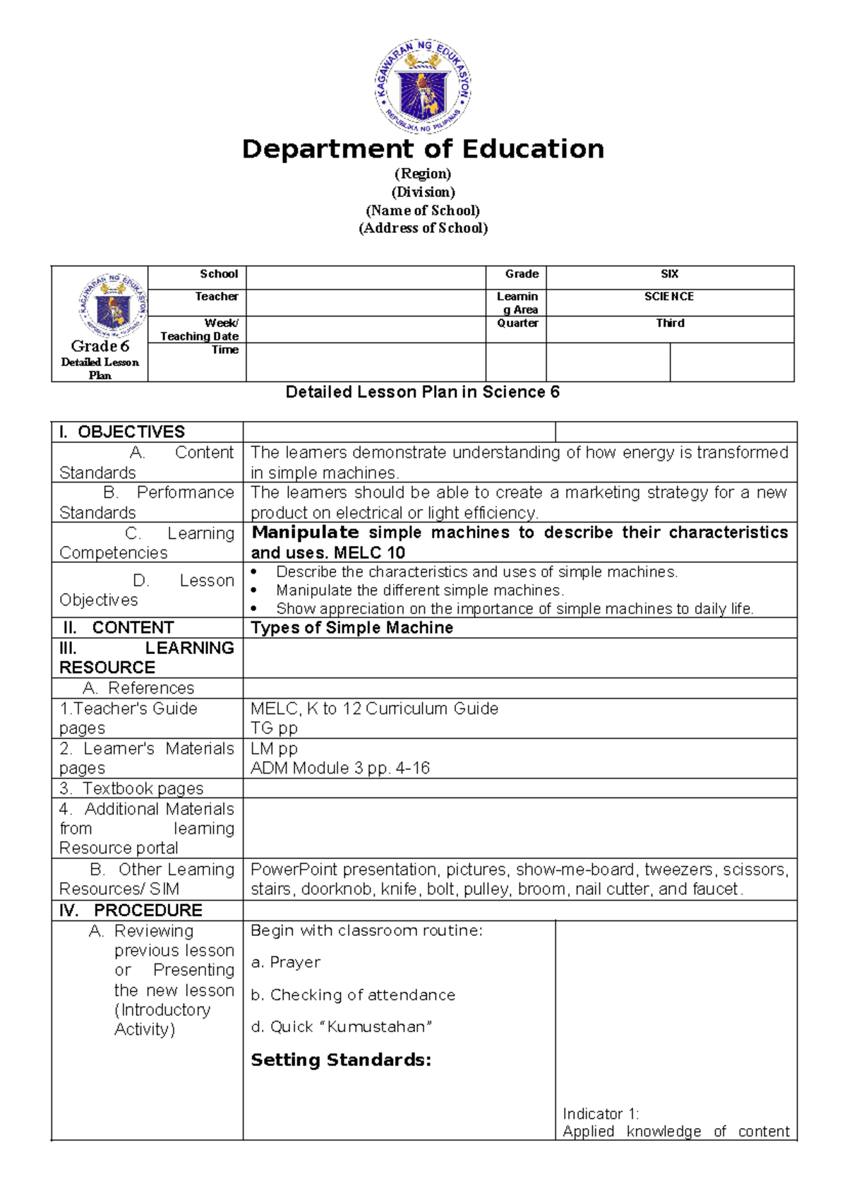 Cot Science 6 Q3 W8 Grade 6 Detailed Lesson Plan School Grade Six