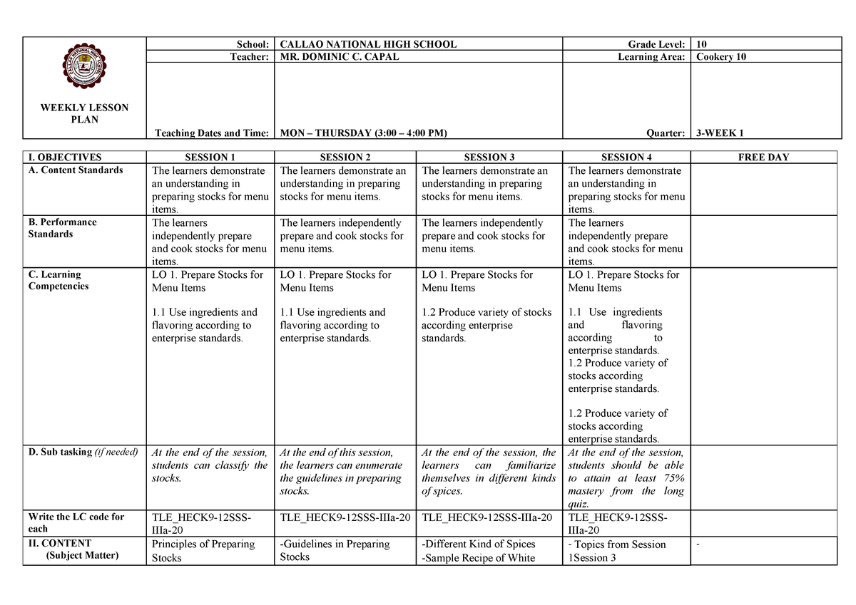 TLE 10 - DLL 3Q - Summary Bachelor of Secondary Education - WEEKLY ...