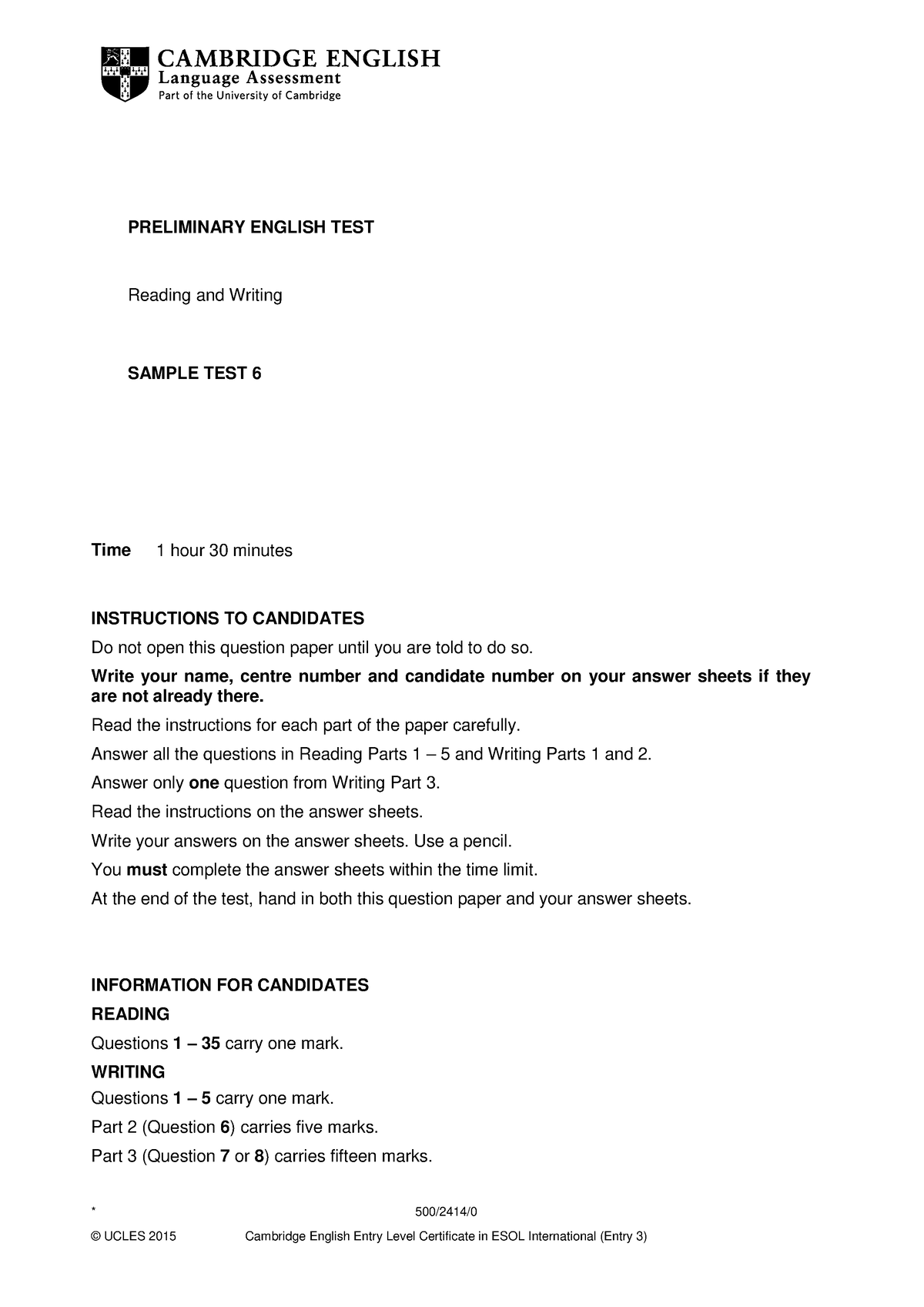 Pet Reading And Writing Sample Test 6