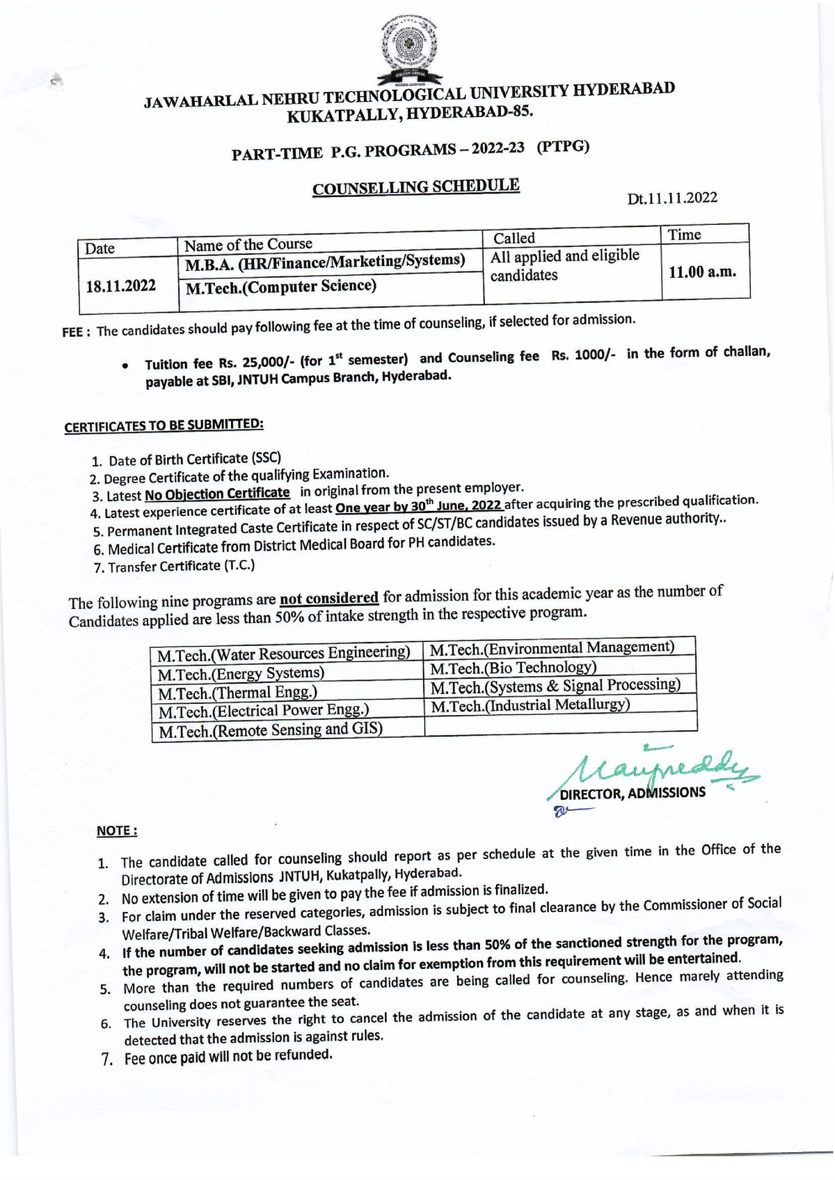 PTPG 2022Counseliing Schedule - Computer Science - Studocu