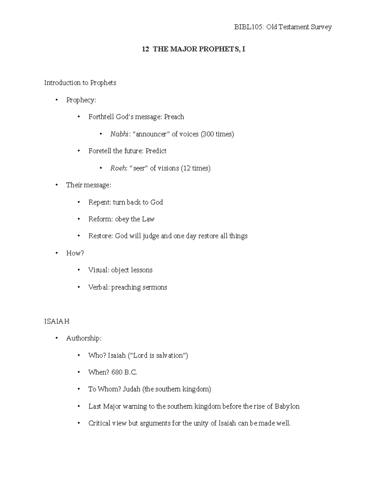 Bible 105 Section 12 Exam Notes - 12 THE MAJOR PROPHETS, I Introduction ...