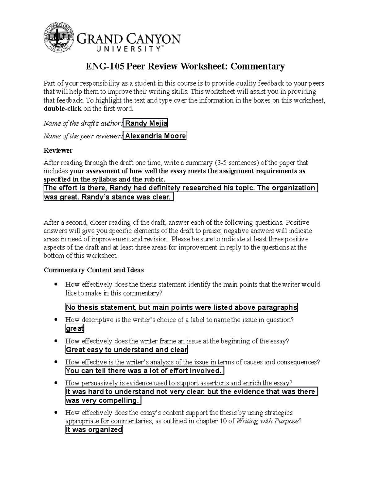 Eng 105 Peer Review Worksheet Commentary