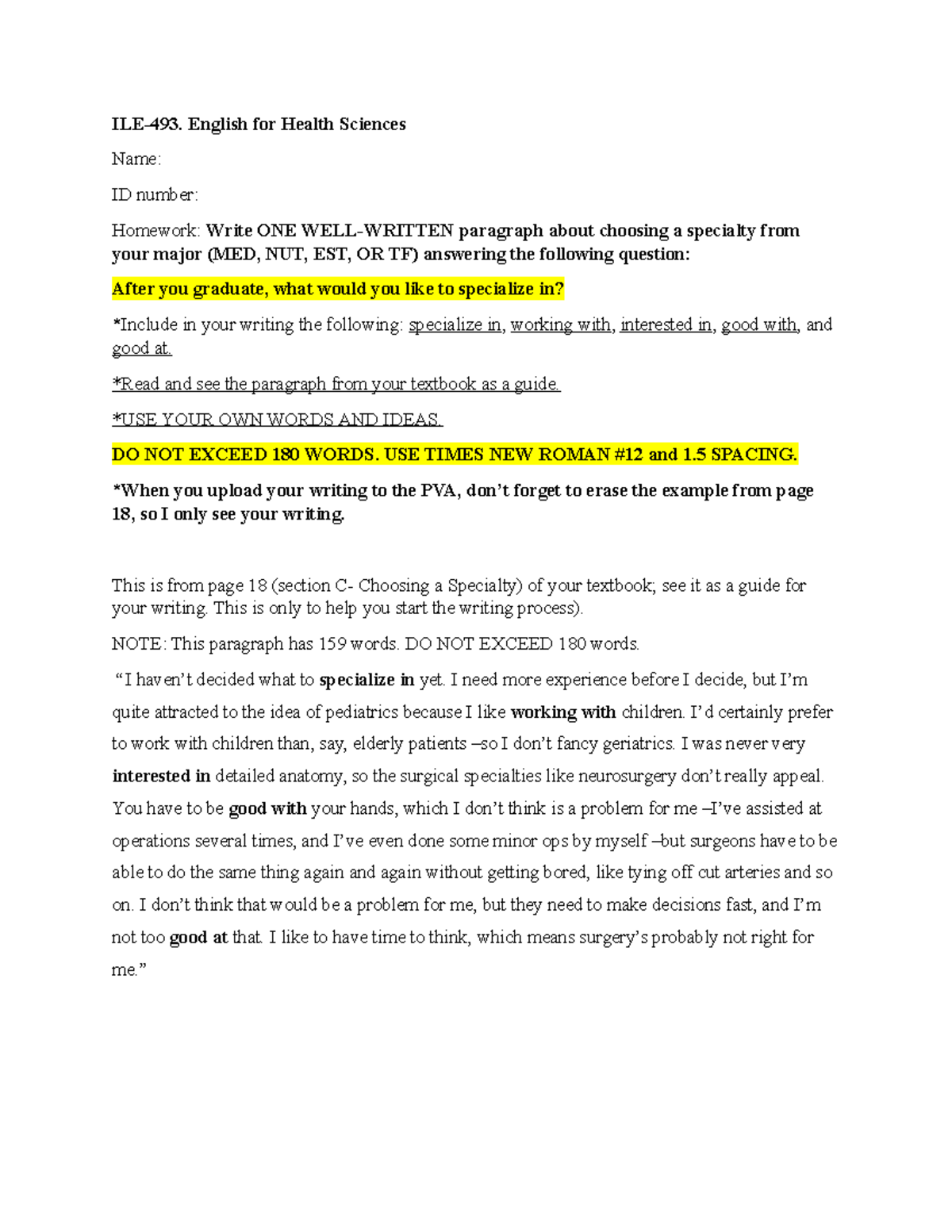 Specialties Writing INGLES PARA LA SALUD ILE493. English for