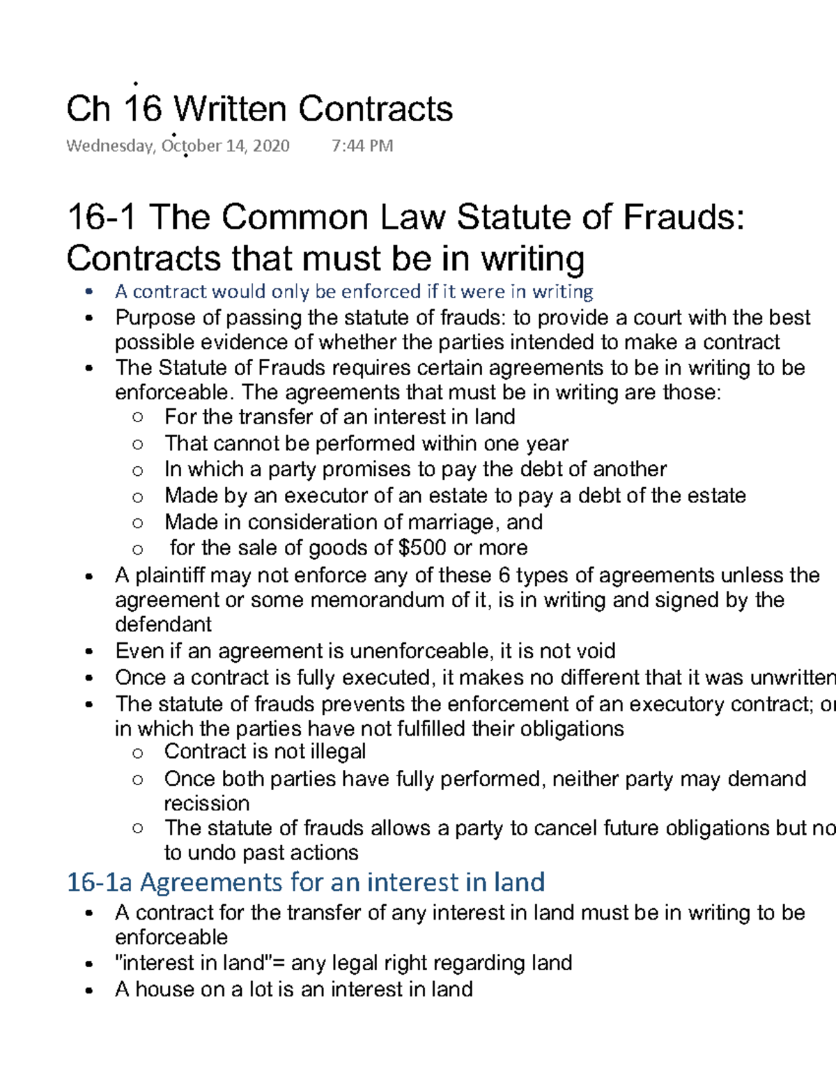 Ch 16 Written Contracts 161 The Common Law Statute of Frauds Contracts that must be in