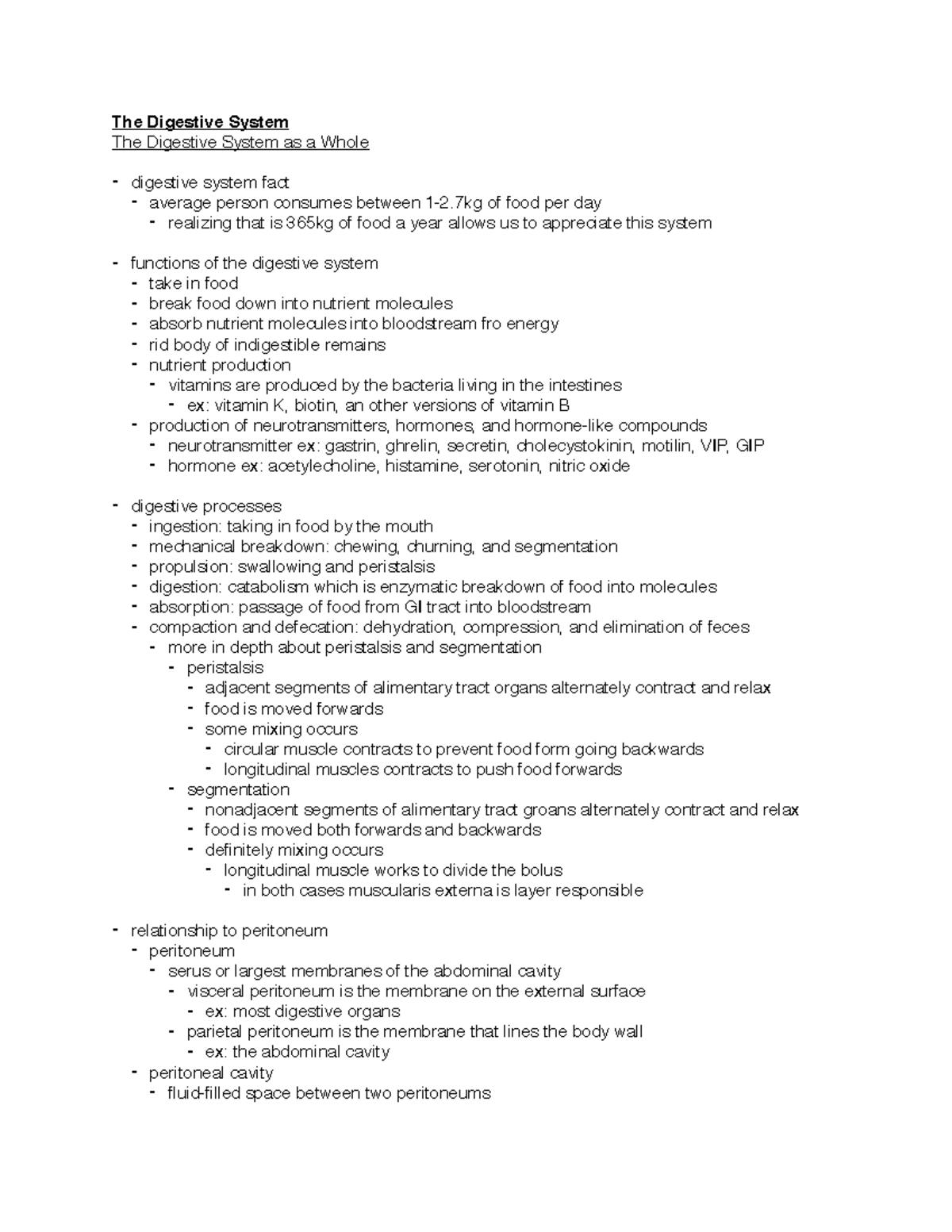 The Digestive System Lecture Notes Summary - The Digestive System The ...