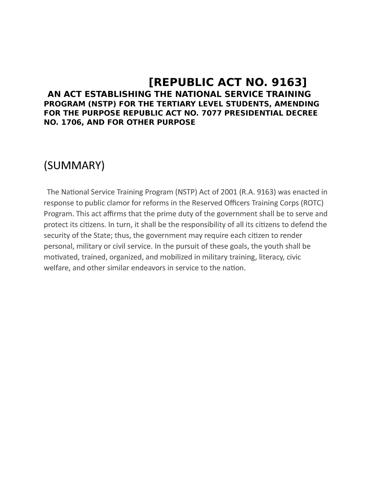 NSTP - So Much Thought Full - [REPUBLIC ACT NO. 9163] AN ACT ...