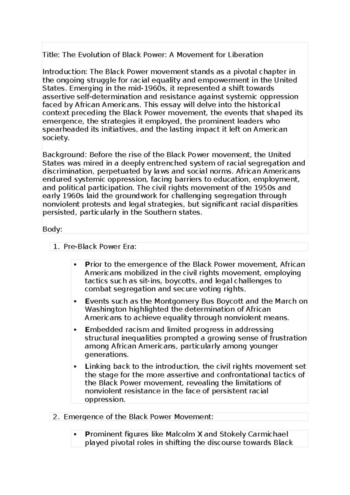 BPM essay yes Title The Evolution of Black Power A Movement for