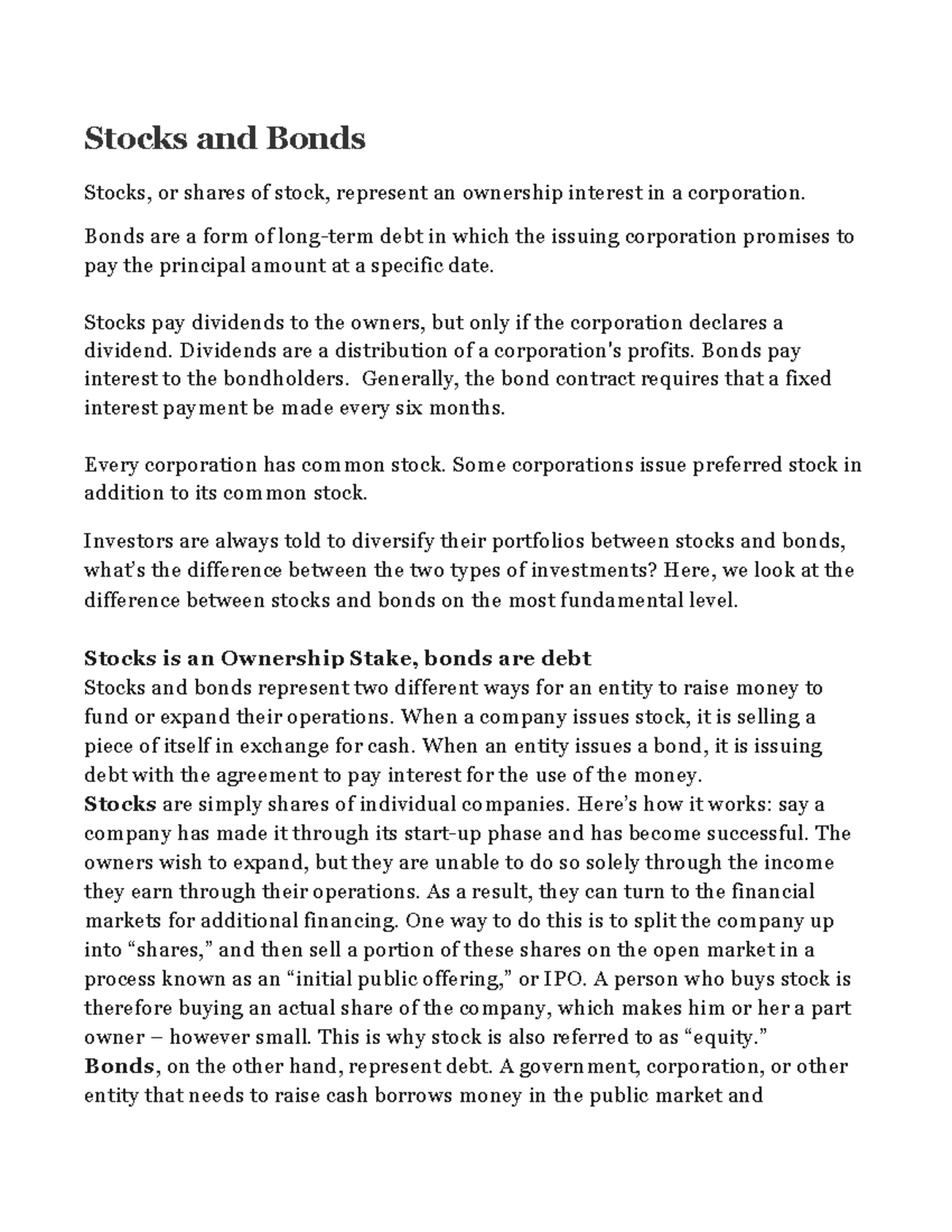 Stocks and bonds Lecture Notes Stocks and Bonds Stocks, or shares