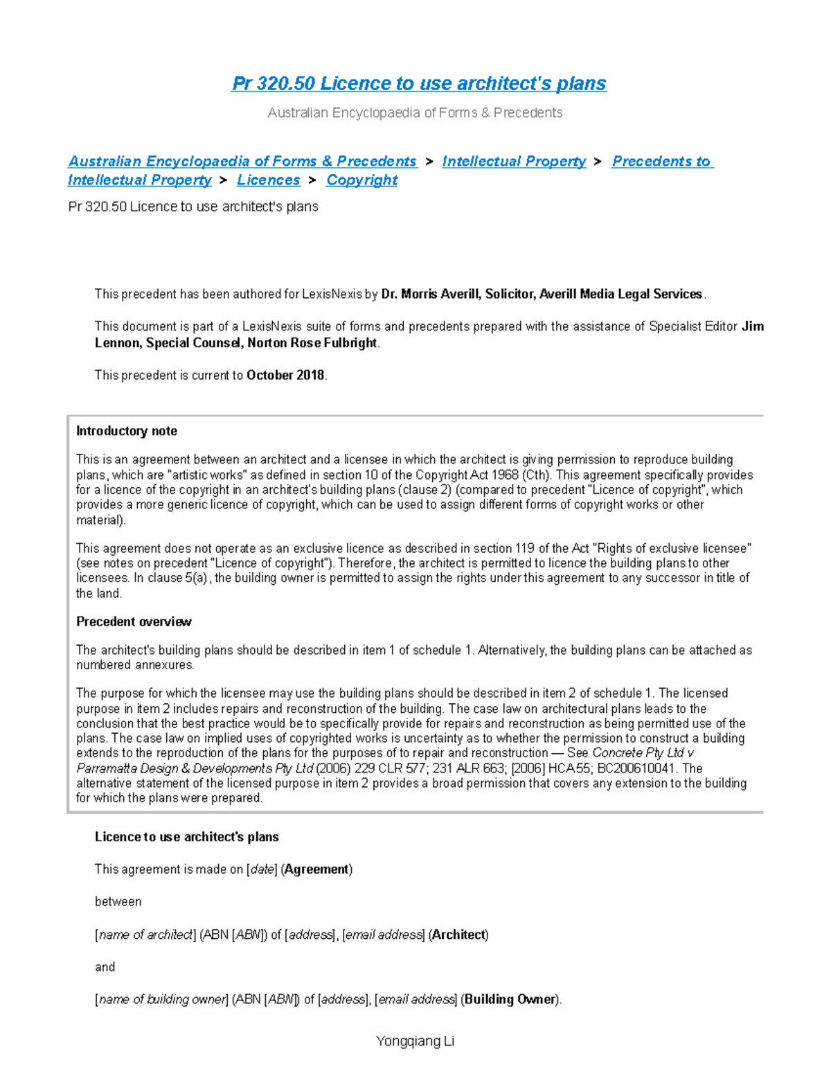 Pr 320.50 Licence to use architect's plans Pr 320 Licence to use