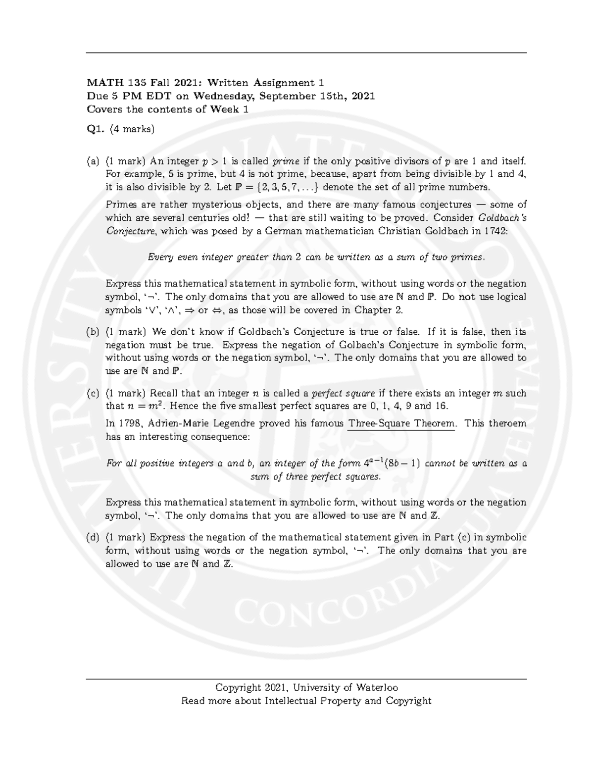 Wa1 question pdf plox - Math 135 - UWaterloo - Studocu