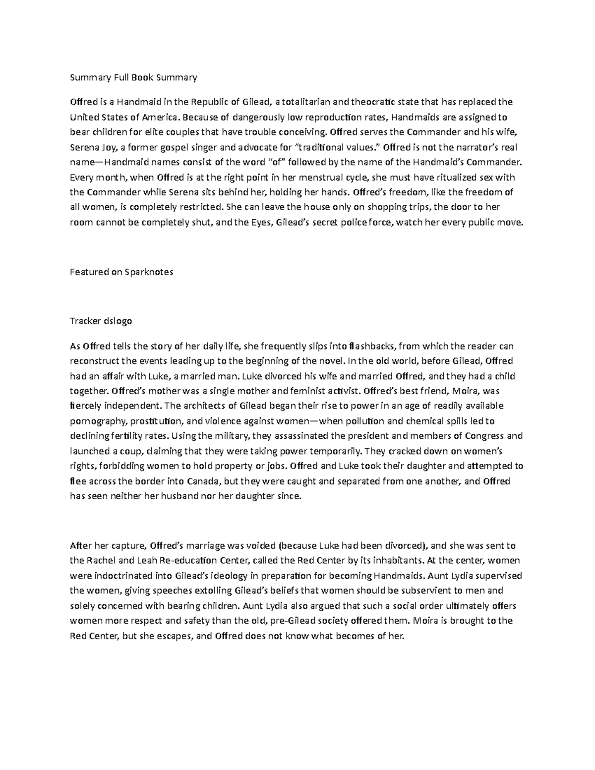 Literary - English - Summary Full Book Summary Offred is a Handmaid in ...