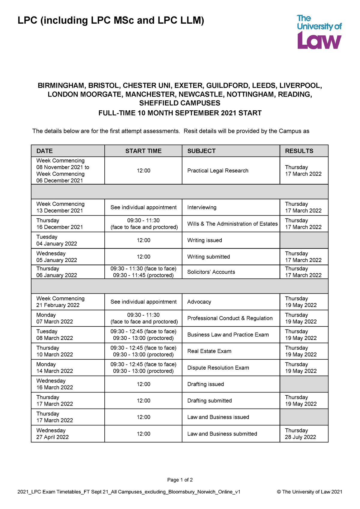 LPC Exam timetable for uni of law LPC (including LPC MSc and LPC LLM