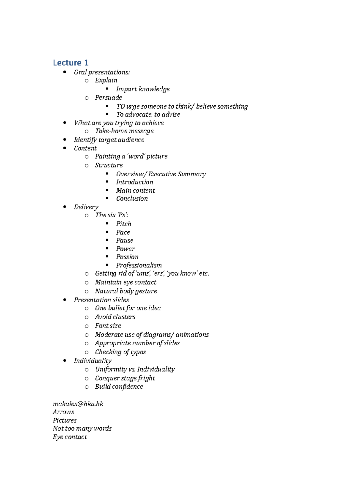 Lecture notes for the whole course - Lecture 1 Oral presentations: o ...