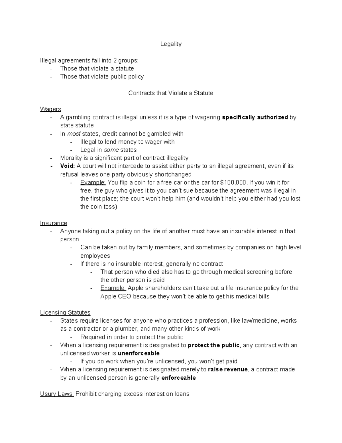 BLAW 2301 Chapter 14 Notes - Legality Illegal Agreements Fall Into 2 ...