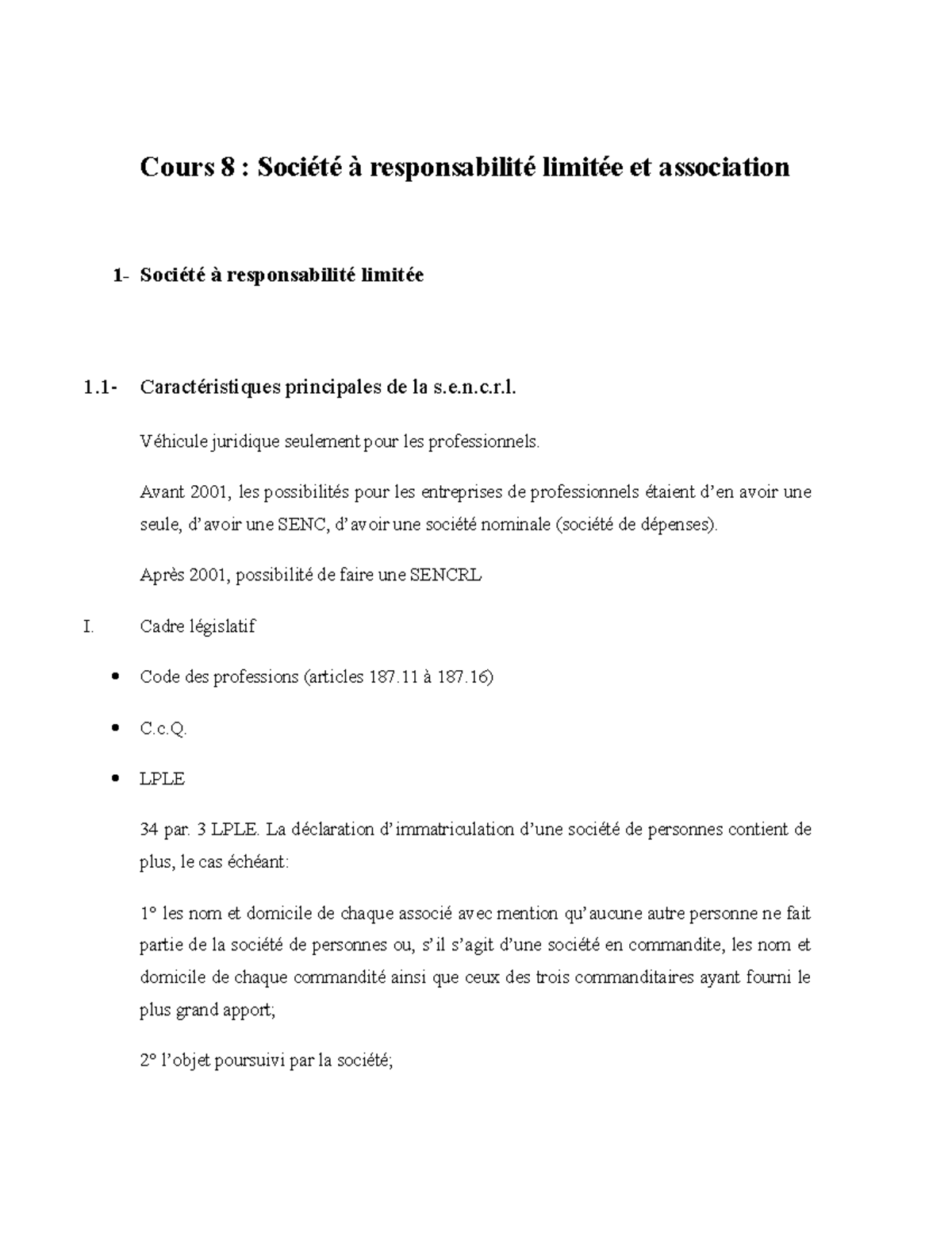 Cours 8 - Sencrl Et Association - Cours 8 : Société à Responsabilité ...