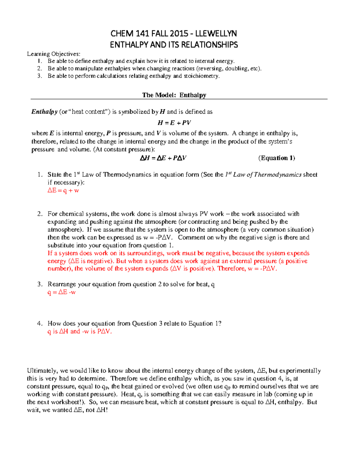 C10 2 Enthalpy Assignment For Chem 141 Intro Chem Studocu