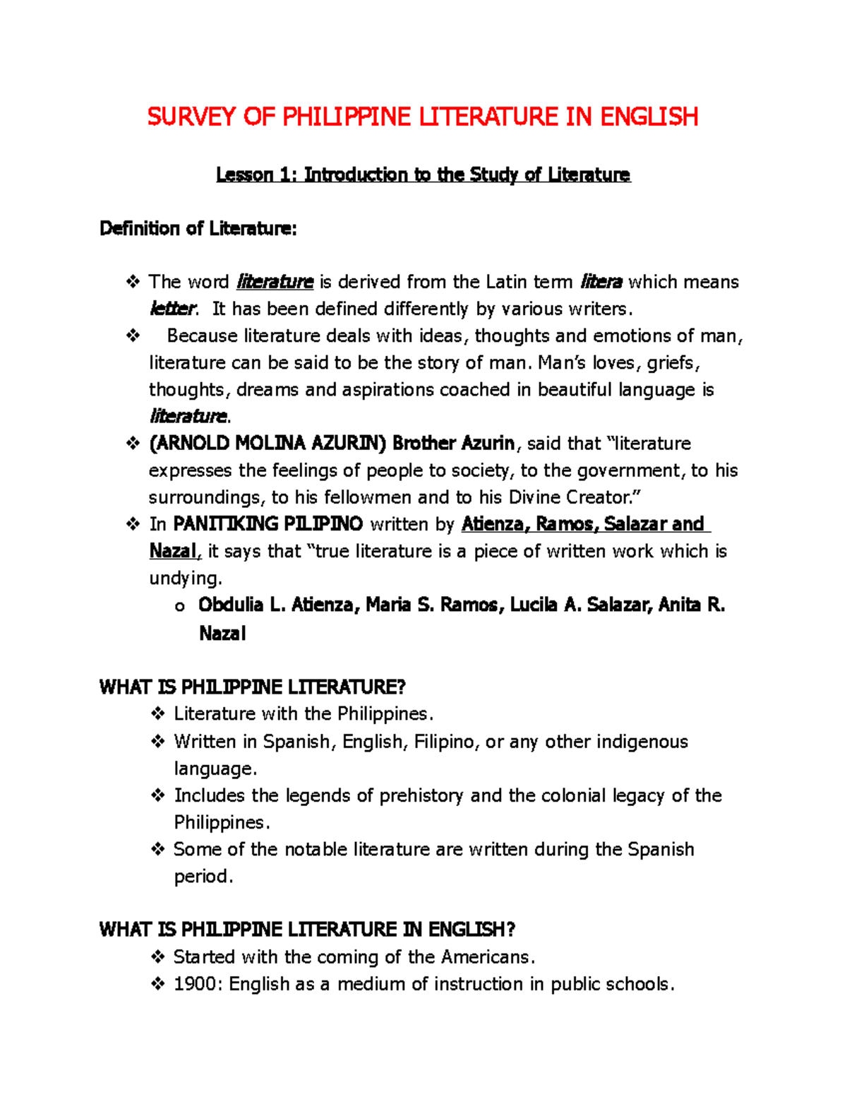 Survey OF Philippine Literature IN English SURVEY OF PHILIPPINE 