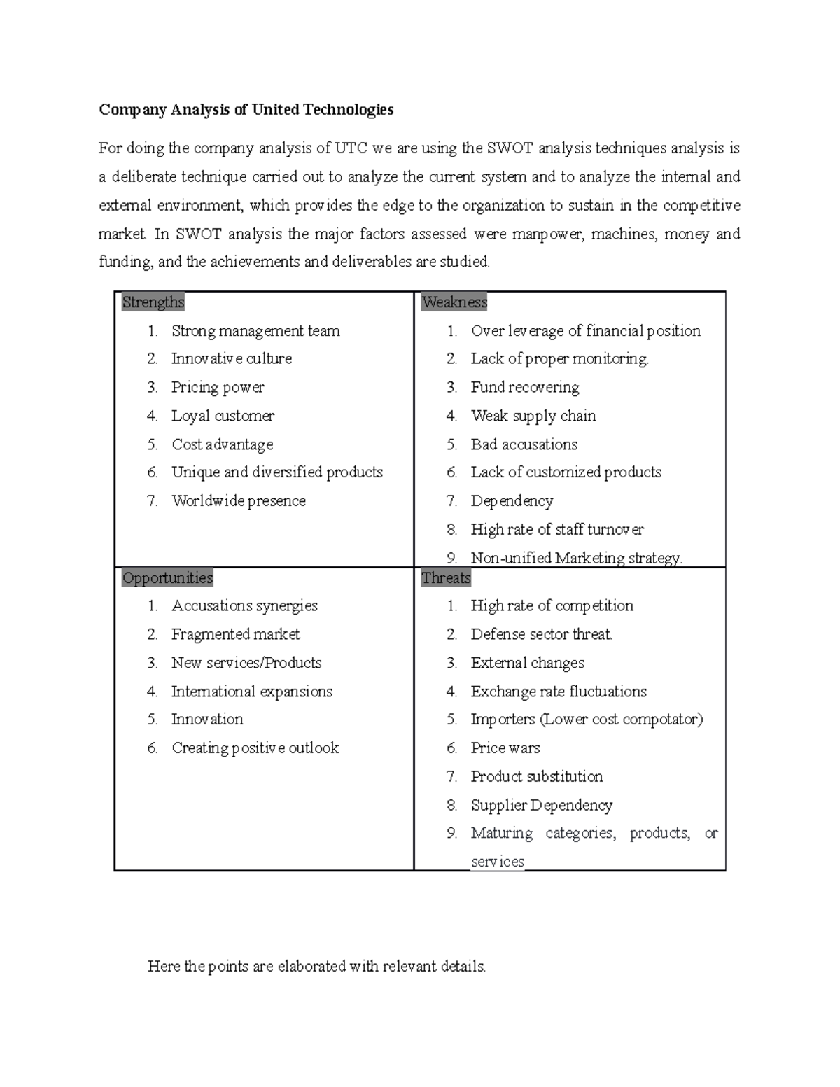 UTC-SWOT - Lecture notes 1 - Company Analysis of United Technologies ...